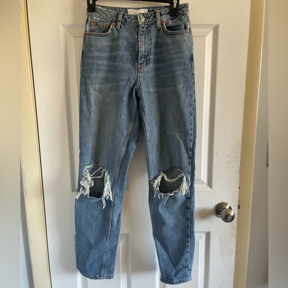 Topshop Light Blue Distressed Straight Leg Jeans 25 W 32 L